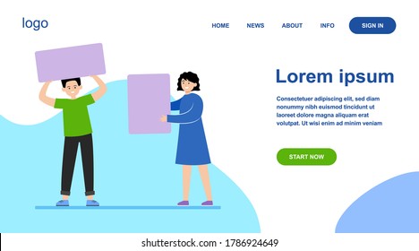 Activist holding support placards. Man and woman with white blank banner and poster flat vector illustration. Social campaign, picket concept for banner, website design or landing web page