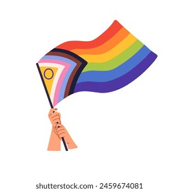 Activist holds intersex inclusive progress flag in hand. Person waving symbol of LGBT, LGBTQ. Queer, non binary rainbow. Parade of pride month, solidarity. Flat isolated vector illustration non white