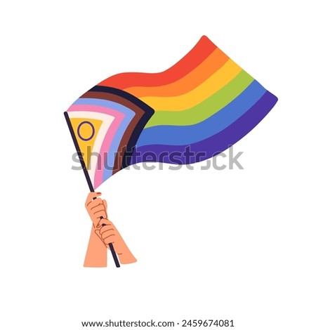 Activist holds intersex inclusive progress flag in hand. Person waving symbol of LGBT, LGBTQ. Queer, non binary rainbow. Parade of pride month, solidarity. Flat isolated vector illustration non white