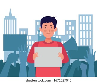 hombre activista protestando con cartel de diseño vectorial de personaje de avatar