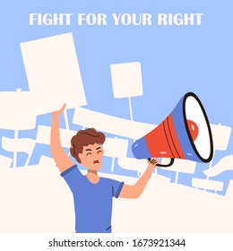 Activist man shouting in loudspeaker at demonstration. Political concept. Vector illustration isolated on white background.
