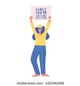 Activist. Protesting person standing  with placard Girl can do anything. Young woman holding blanks of banners and placards. Lady take part of rally, parade. Vector illustration.