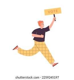 Activist running with vote banner or placard in hands, flat cartoon vector illustration isolated on white background. Electoral state voting campaign activist.
