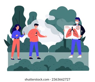 Activist showing image of healthy lungs to people with vapes. Man and woman vaping in park, harm of vapes for environment and health vector illustration. Vaping, health, nature, ecology concept