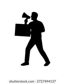 Silhueta de ativista protestando segurando placa em branco e megafone