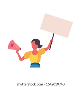 activist woman with protest banner and megaphone vector illustration design