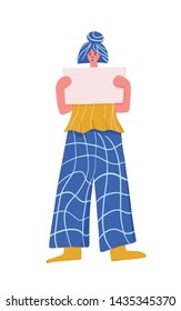 Activist. Young woman holding blank banner.  Vector illustration.