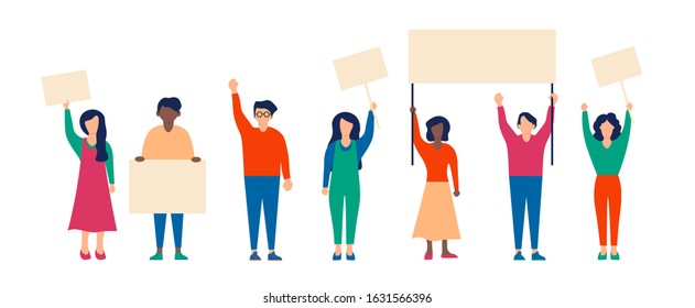 Activists with banners. Political or environmental protest. The struggle for rights. Interracial or student strike. A group of protesting people with blank banners.