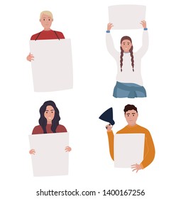 Activists with banners. Vector characters set isolated on white