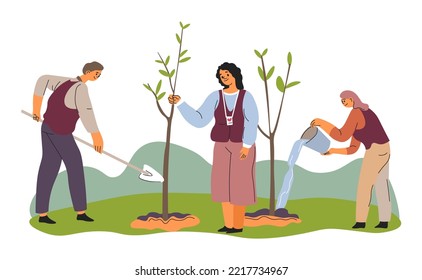 Activistas preocupados por la ecología y el medio ambiente. Personas plantando árboles y plantas de agua para saltos. Administración de parques o bosques, vegetación y dejar trazos ecológicos positivos. Vector de estilo plano