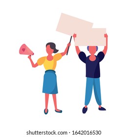 activists couple with protest banner and megaphone vector illustration design