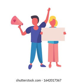 activists couple with protest banner and megaphone vector illustration design