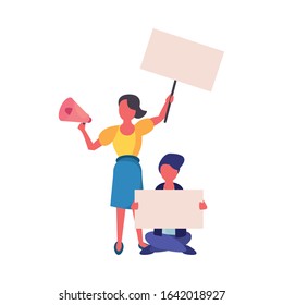 activists couple with protest banner and megaphone vector illustration design