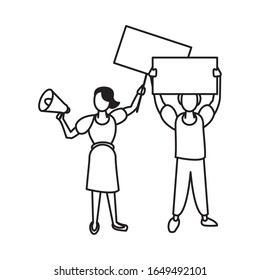 activists couple with protest banner and megaphone vector illustration design