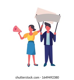 activists couple with protest banner and megaphone vector illustration design