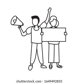 activists couple with protest banner and megaphone vector illustration design