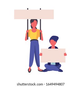 activists couple with protest banners vector illustration design
