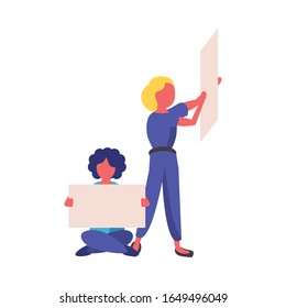 activists couple with protest banners vector illustration design