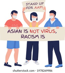 Activists fighting against injustice flat color vector faceless characters. Anti-asian hate incidents and violence prevention isolated cartoon illustration for web graphic design and animation
