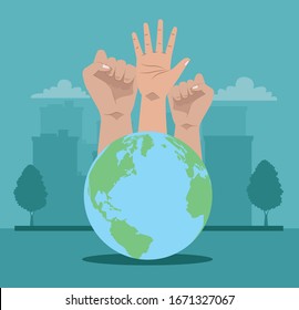 activists hands human protesting with world planet vector illustration design
