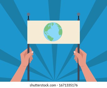 activists hands humans with banner and world planet vector illustration design