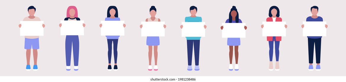 Activists hold blank banners. Demonstration, revolution, protests illustration. Vector illustration in a flat style