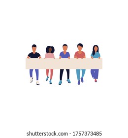 Activists holding blank banner. Demonstration, revolution protest  illustration. Vector illustration in a flat style