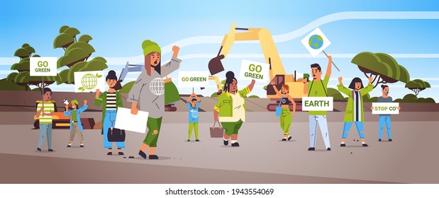 activists holding posters go green save planet strike concept mix race protesters campaigning to protect earth demonstrating against global warming portrait quarry landscape background horizontal