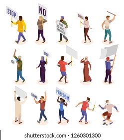 Activists isometric icons set of people involved in politic demonstration and strike isolated vector illustration