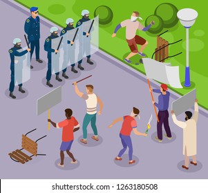 Activists isometric poster with teens using stones and molotov cocktails against police officers armed with batons and shields isometric vector illustration