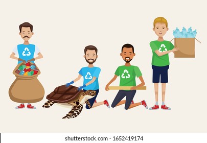 activists people cleaning campaing and sea turtle vector illustration design