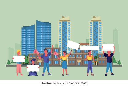 activists people with protest banners and megaphone vector illustration design