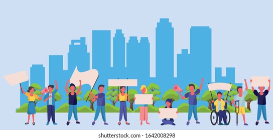 activists people with protest banners and megaphone vector illustration design