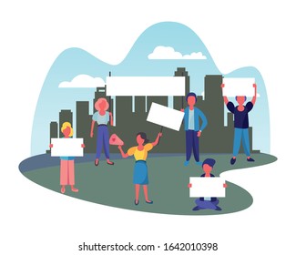 activists people with protest banners and megaphone vector illustration design