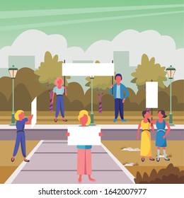 activists people with protest banners vector illustration design