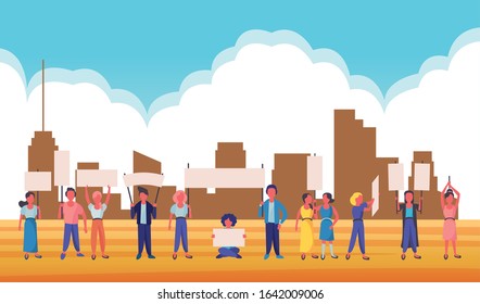 activists people with protest banners vector illustration design