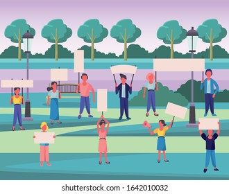 activists people with protest banners vector illustration design