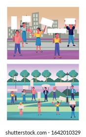activists people with protest banners vector illustration design