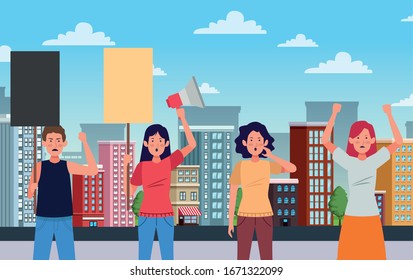 activists people protesting with banners characters vector illustration design