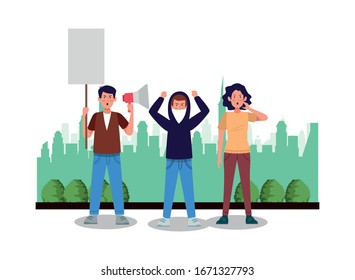 activists people protesting with banners characters vector illustration design