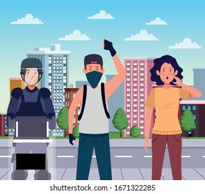 activists people protesting with riot police vector illustration design