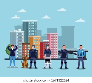 activists people protesting with riot police and dog vector illustration design