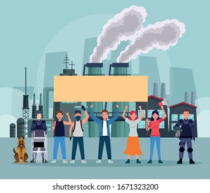 activists people protesting with riot police and dog vector illustration design