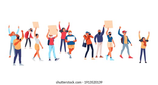 Activists with placards, peaceful rights protest, manifestation, men and women parade participation. Parade rights, adult picket and strike. People hold banners. Cartoon Flat style vector illustration