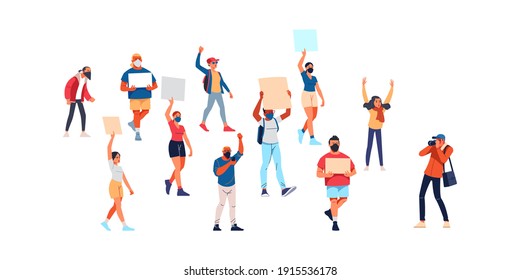 Activists with placards, peaceful rights protest, manifestation, men and women parade participation. Parade rights, adult picket and strike. People hold banners. Cartoon Flat style vector illustration