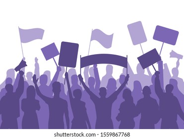 Activists protest. Political riot sign banners, people holding protests placards and manifestation banner.  activist strike, ecological meeting or feminist demonstration isolated on white