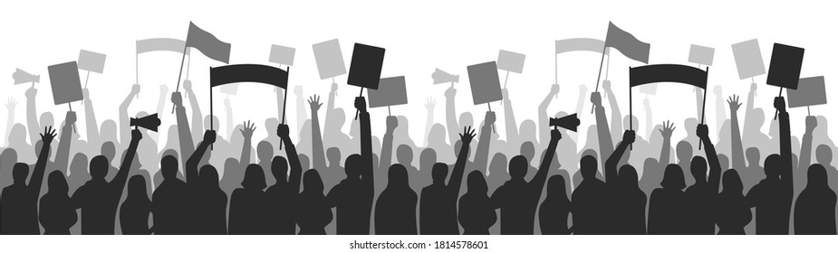 Activists protest seamless border. Strike group demonstration, demonstrator standing holding, equality manifestation. Vector illustration