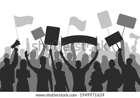 Activists protest seamless border. Strike group demonstration, demonstrator standing holding, equality manifestation. Vector illustration eps 10