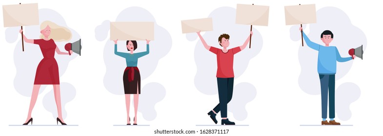 Activists and protesters set. People holding placards and megaphones flat vector illustration. Activism, crisis, conflict concept for banner, website design or landing web page