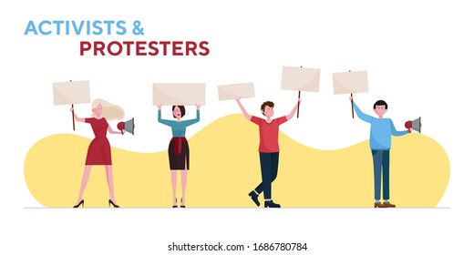 Activistas y manifestantes se preparan. Gente sosteniendo pancartas y megáfonos ilustraciones planas vectoriales. Activismo, crisis, concepto de conflicto para banner, diseño de sitio web o página web de inicio